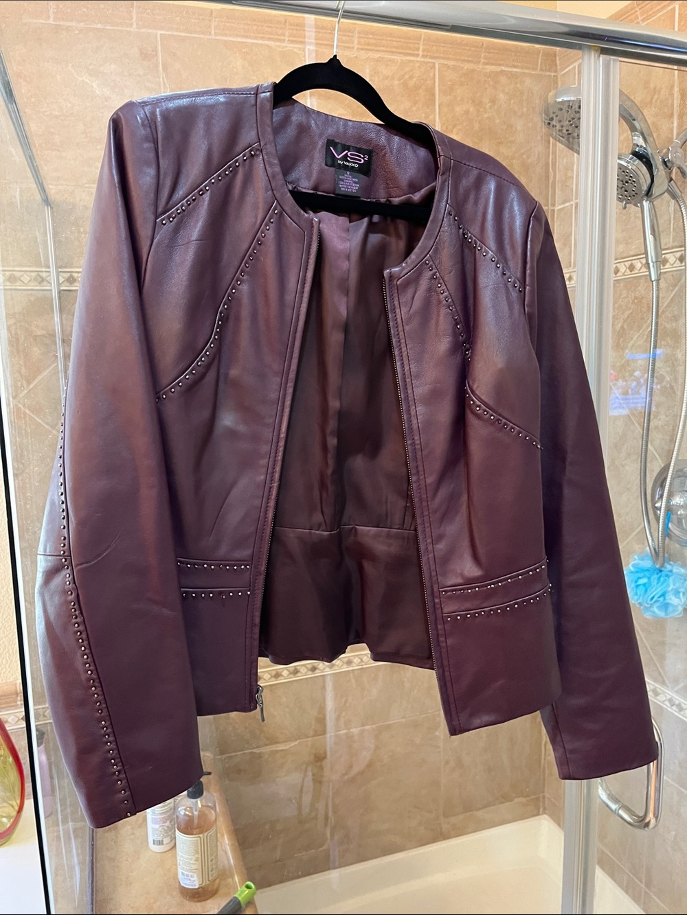 Vakko Plum Leather Studded Open-Front Jacket